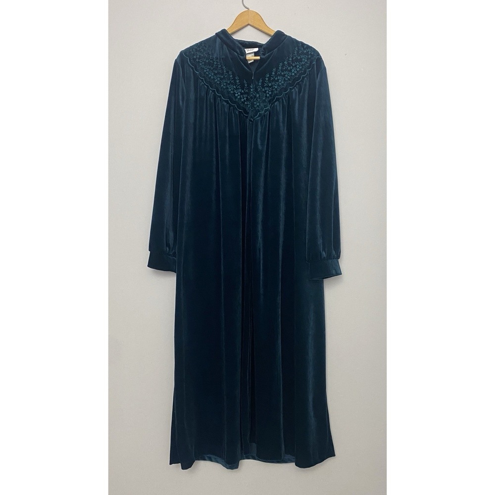 Jasmine Rose Velvet Robe Housecoat Nightgown Embroidered Emerald Green Sz Large